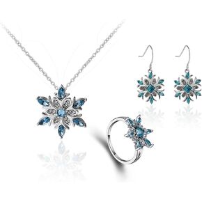 COLORFUL BLING Women's Blue Snowflake Dangle Earrings Pendant Necklace Ring Set Flower Clavicle Chain Crystal Thanksgiving Day gift for Women Female Winter Christmas Xmas Jewelry