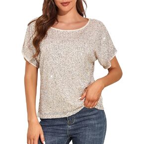 PrettyGuide Women's Sparkly Sequin Tops Short Sleeve Glitter Loose Party Shirt Blouse Boat Neck Dressy Top