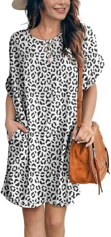 فستان تونيك نسائي من IWOLLENCE بتصميم كاجوال صيفي بأكمام قصيرة وفضفاض يغطي فساتين الشاطئ مع جيب in Kuwait