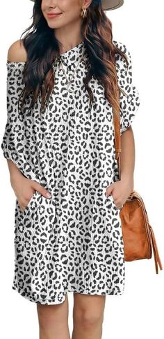 فستان تونيك نسائي من IWOLLENCE بتصميم كاجوال صيفي بأكمام قصيرة وفضفاض يغطي فساتين الشاطئ مع جيب in Kuwait