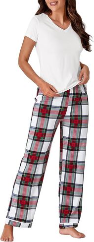 Vrtige Women's Cotton Pajama Set V Neck Short Sleeve Top With Plaid Pants 2 piece Pj Set Sleepwear in Saudi Arabia