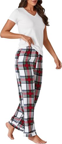 Vrtige Women's Cotton Pajama Set V Neck Short Sleeve Top With Plaid Pants 2 piece Pj Set Sleepwear in Saudi Arabia