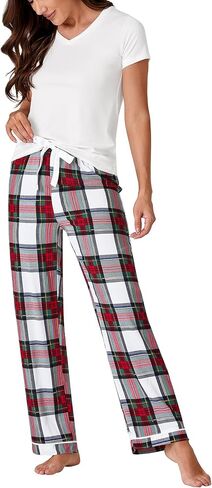 Vrtige Women's Cotton Pajama Set V Neck Short Sleeve Top With Plaid Pants 2 piece Pj Set Sleepwear in Saudi Arabia