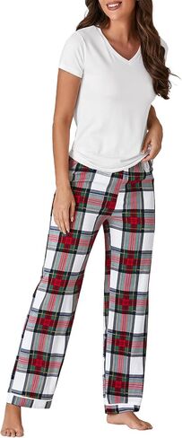 Vrtige Women's Cotton Pajama Set V Neck Short Sleeve Top With Plaid Pants 2 piece Pj Set Sleepwear in Saudi Arabia