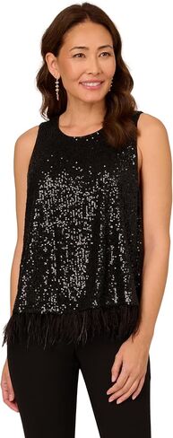 Adrianna Papell Women's Sleeveless Sequin Top W Feather Trim Hem in Saudi Arabia