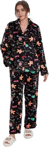 GELIYIYUE طقم بيجامة نسائي شتوي مريح من الصوف مكون من قطعتين بأكمام طويلة وأزرار أمامية مع جيوب in Kuwait