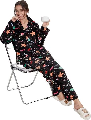 GELIYIYUE طقم بيجامة نسائي شتوي مريح من الصوف مكون من قطعتين بأكمام طويلة وأزرار أمامية مع جيوب in Kuwait