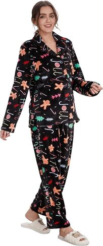 GELIYIYUE طقم بيجامة نسائي شتوي مريح من الصوف مكون من قطعتين بأكمام طويلة وأزرار أمامية مع جيوب in Kuwait