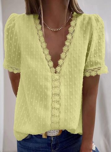 قمصان علوية نسائية صيفية من الدانتيل بأكمام قصيرة ورقبة على شكل حرف V من FARYSAYS in Kuwait