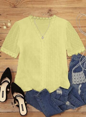 قمصان علوية نسائية صيفية من الدانتيل بأكمام قصيرة ورقبة على شكل حرف V من FARYSAYS in Kuwait