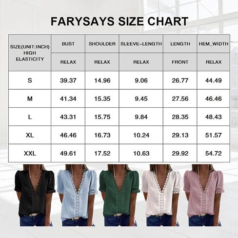 قمصان علوية نسائية صيفية من الدانتيل بأكمام قصيرة ورقبة على شكل حرف V من FARYSAYS in Kuwait