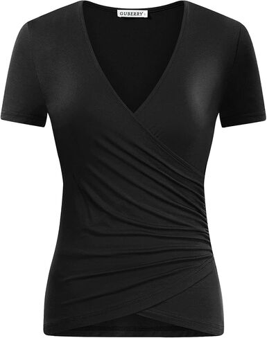 GUBERRY Women's Deep V Neck Short Sleeve Unique Cross Wrap Sexy Slim Fit Tops in Kuwait