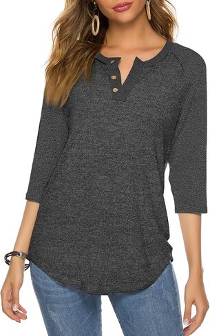 HOCOSIT Women's Raglan Round Neck Summer Tops Ladies Basic Button Henley Shirt Boyfriend Style Blouse Grey Medium in Saudi Arabia