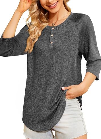 HOCOSIT Women's Raglan Round Neck Summer Tops Ladies Basic Button Henley Shirt Boyfriend Style Blouse Grey Medium in Saudi Arabia