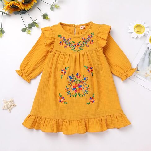 IMEKIS Toddler Kids Girls Mexican Dress Fall Long Sleeve Embroidered Floral Birthday Outfit Halloween Cosplay Costume in Kuwait