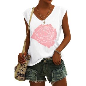 Fazortev Womens Cap Sleeve Blouses Rose Graphic Tees T-Shirt Casual V Neck Tank Tops Loose Fit Summer Basic Shirts in Kuwait