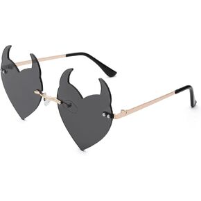 LIU·WEN Rimless Devil Horns Sunglasses For Women Novelty Funny Halloween Party Demon Ear Heart Shaped Eyewear