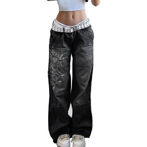 Women's Low Rise Heart Pattern Baggy Jeans Washed Wide Leg Denim Cargo Pants