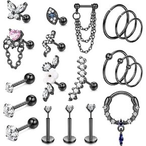 Jstyle 20Pcs Stainless Steel Stud Earrings Set for Women Men 16G CZ Flat Back Threadless Earrings for Tragus Labret Heart Evil Eye CZ Chain Screw Back Earrings Cartilage Helix Conch Daith Piercing Jewelry in Saudi Arabia