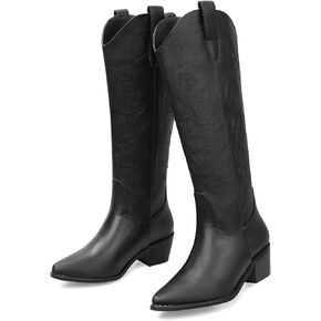 SHIBEVER Cowboy Cowgirl Boots for Women: Women's Knee-High Boots Wide Calf Tall Chunky Heel Embroidered Western Botas