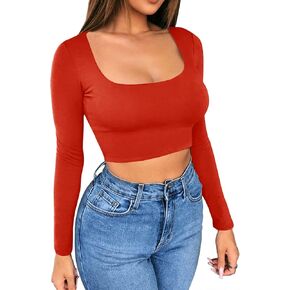 Artfish Womens Sexy Cropped Shirts Long Sleeve Square Scoop Neck Fitted Basic Crop Top