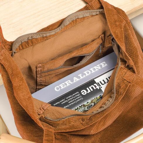 WantGor Large Corduroy Tote Bag, Women Shoulder Handbags Casual Travel Hobo Bag Zipper Shopping Work Bags in Kuwait