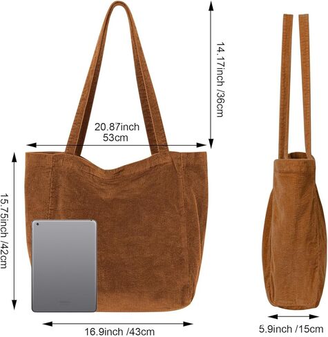 WantGor Large Corduroy Tote Bag, Women Shoulder Handbags Casual Travel Hobo Bag Zipper Shopping Work Bags in Kuwait