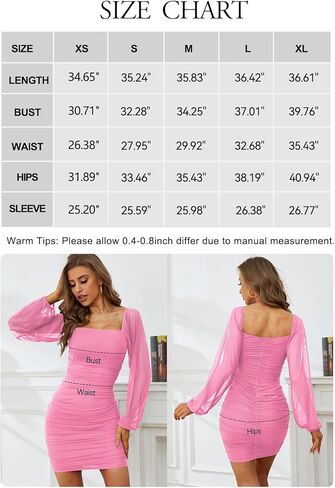 فساتين MYONE النسائية برقبة مربعة شبكية وأكمام طويلة مكشكشة فستان كوكتيل للنساء فستان قصير للنادي in Kuwait