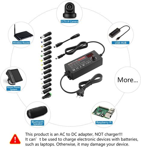 محول تيار متردد عالمي SHNITPWR 3V~24V 2A 48W مزود طاقة قابل للتعديل 100V-240V AC إلى DC 3V 5V 6V 9V 12V 15V 18V 19V 20V 24V محول طاقة متعدد الجهد مع محول قطبية 14 طرف، أبيض in Kuwait