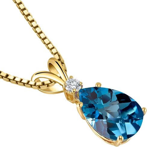 Peora 14K Yellow Gold 2 Carats London Blue Topaz with Diamond Pendant, Genuine Gemstone Teardrop Solitaire, Pear Shape 10x7mm AAA Grade in Saudi Arabia