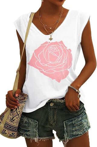 Fazortev Womens Cap Sleeve Blouses Rose Graphic Tees T-Shirt Casual V Neck Tank Tops Loose Fit Summer Basic Shirts in Kuwait