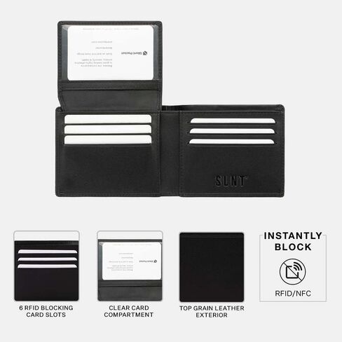 محفظة رجالية من الجلد SLNT RFID وNFC تحجب الإشارة فوق غطاء قلاب - 6 فتحات لبطاقات الائتمان، فتحة لبطاقة الهوية وجيب للنقود - تمنع القرصنة وسرقة الهوية - مظهر نحيف، رائعة للسفر (أسود داكن) in Kuwait