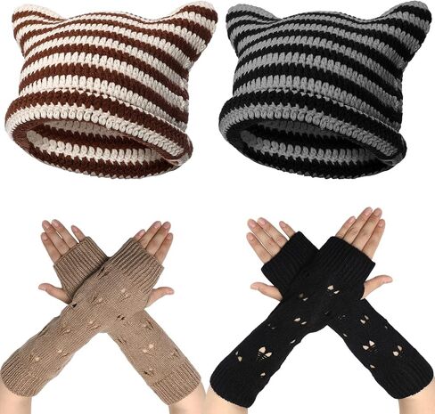 4 Pcs Grunge Accessories Sets for Women Crochet Hats Cat Beanie Vintage Beanies Grunge Gloves Crochet Fairy Grunge Accessories Ripped Glove Y2K Goth Accessories for Women Girls Teens Multicolor in Saudi Arabia