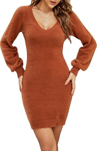 LUBOT Women Sweater Dress Sexy Turtleneck/V Neck Long Lantern Sleeve Bodycon Slim Knitted Pullover Dress in Saudi Arabia
