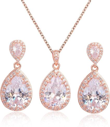 Mycitta Bridal Jewelry Set for Wedding - 18k Plated Teardrop CZ Crystal Cubic Zirconia Rhinestone Necklace Earrings Set for Bride Bridesmaids Mother of Bride Party Prom Birthstone Costume Jewelry in Kuwait