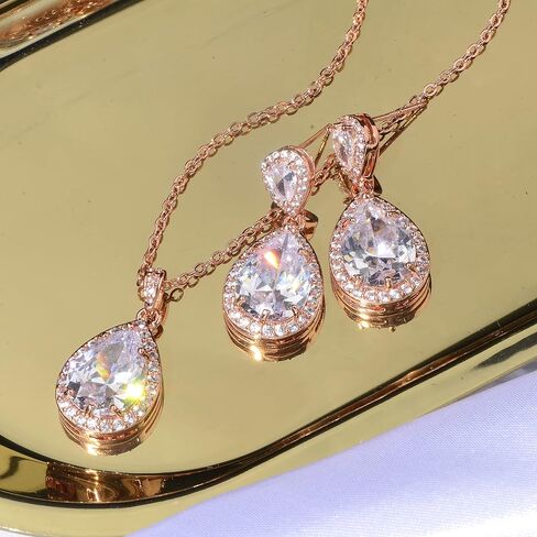 Mycitta Bridal Jewelry Set for Wedding - 18k Plated Teardrop CZ Crystal Cubic Zirconia Rhinestone Necklace Earrings Set for Bride Bridesmaids Mother of Bride Party Prom Birthstone Costume Jewelry in Kuwait