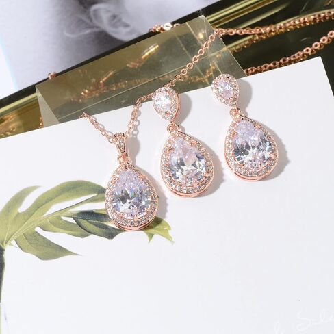Mycitta Bridal Jewelry Set for Wedding - 18k Plated Teardrop CZ Crystal Cubic Zirconia Rhinestone Necklace Earrings Set for Bride Bridesmaids Mother of Bride Party Prom Birthstone Costume Jewelry in Kuwait