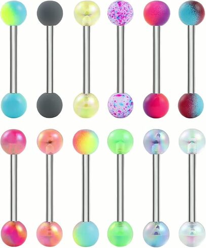 Riuziyi 12Pcs or 24Pcs Tongue Rings for Women Candy Color Ball Tongue Nipple Piercing 14G Surgical Steel Barbell Tongue Retainer Body Jewelry Bar Length 16mm in Kuwait