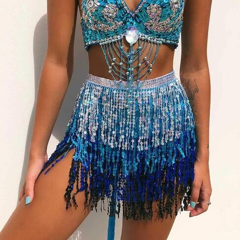 PICKBEAU الرقص الشرقي تنورة الورك شرابة وشاح الترتر التنانير التفاف الهذيان زي للنساء، هامش الموسيقى مهرجان الملابس in Kuwait