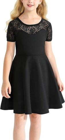 فستان URMAGIC للفتيات أسود شبكي شفاف وأكمام طويلة ورقبة مربعة وخصر عالٍ فساتين أنيقة غير رسمية لحفلات المدرسة in Kuwait