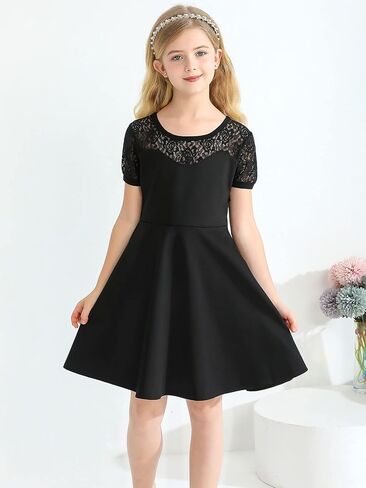 فستان URMAGIC للفتيات أسود شبكي شفاف وأكمام طويلة ورقبة مربعة وخصر عالٍ فساتين أنيقة غير رسمية لحفلات المدرسة in Kuwait