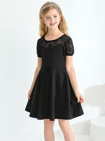 فستان URMAGIC للفتيات أسود شبكي شفاف وأكمام طويلة ورقبة مربعة وخصر عالٍ فساتين أنيقة غير رسمية لحفلات المدرسة in Kuwait