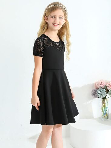 فستان URMAGIC للفتيات أسود شبكي شفاف وأكمام طويلة ورقبة مربعة وخصر عالٍ فساتين أنيقة غير رسمية لحفلات المدرسة in Kuwait