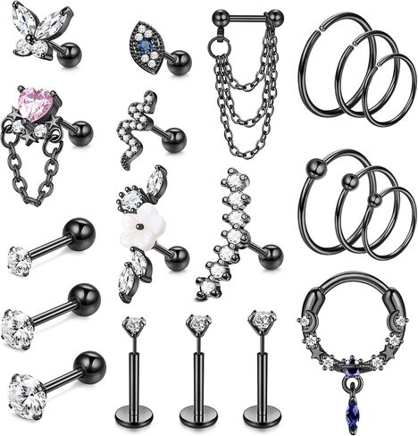 Jstyle 20Pcs Stainless Steel Stud Earrings Set for Women Men 16G CZ Flat Back Threadless Earrings for Tragus Labret Heart Evil Eye CZ Chain Screw Back Earrings Cartilage Helix Conch Daith Piercing Jewelry in Saudi Arabia