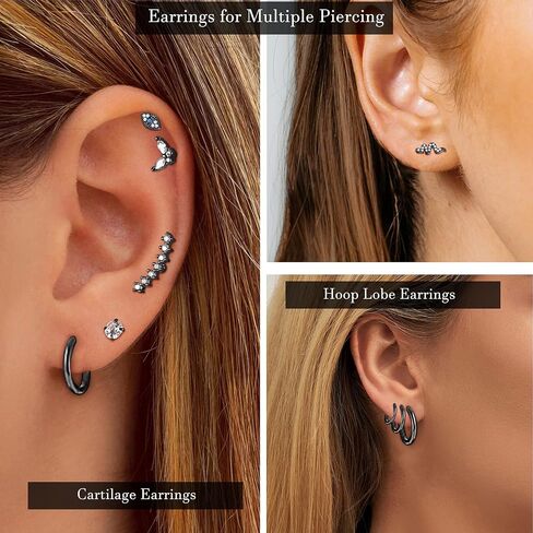 Jstyle 20Pcs Stainless Steel Stud Earrings Set for Women Men 16G CZ Flat Back Threadless Earrings for Tragus Labret Heart Evil Eye CZ Chain Screw Back Earrings Cartilage Helix Conch Daith Piercing Jewelry in Saudi Arabia