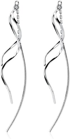 SLUYNZ Sterling Silver Curve Dangle Earrings for Women Teen Girls Wave Dangle Earrings Threader Tassel (A-Rhodium Plated) in Saudi Arabia