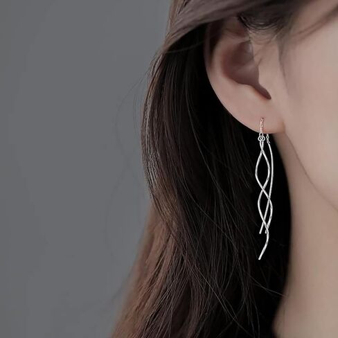 SLUYNZ Sterling Silver Curve Dangle Earrings for Women Teen Girls Wave Dangle Earrings Threader Tassel (A-Rhodium Plated) in Saudi Arabia