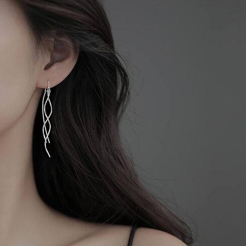 SLUYNZ Sterling Silver Curve Dangle Earrings for Women Teen Girls Wave Dangle Earrings Threader Tassel (A-Rhodium Plated) in Saudi Arabia