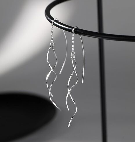 SLUYNZ Sterling Silver Curve Dangle Earrings for Women Teen Girls Wave Dangle Earrings Threader Tassel (A-Rhodium Plated) in Saudi Arabia