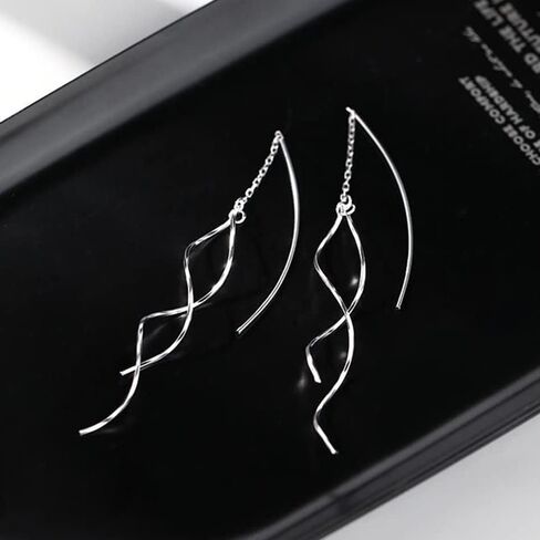 SLUYNZ Sterling Silver Curve Dangle Earrings for Women Teen Girls Wave Dangle Earrings Threader Tassel (A-Rhodium Plated) in Saudi Arabia